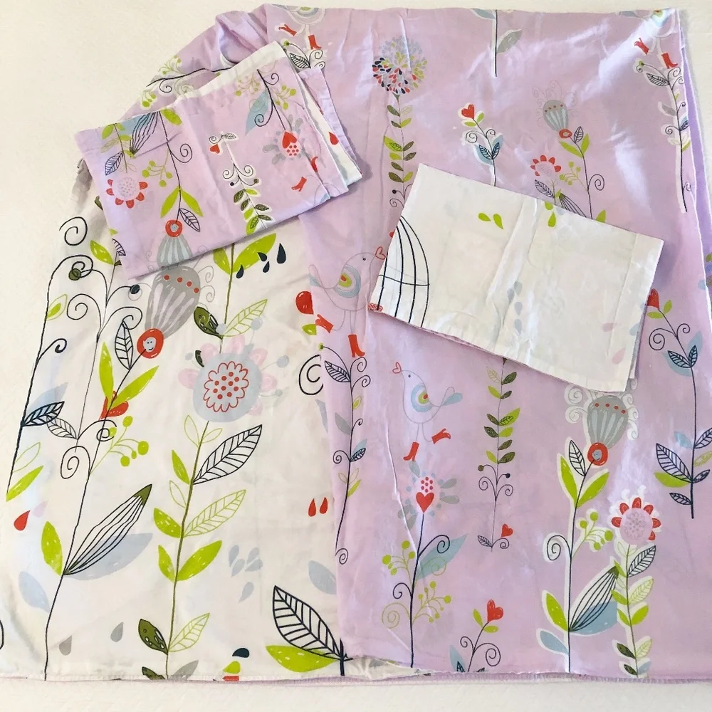 Whimsical Birdcage Flowers Birds w Rain Boots Duvet Cover & 2 Shams Reversible